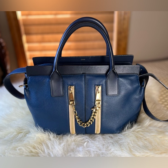 Chloe Cate Calfskin Grained Leather Medium Satchel Bag, Blue - Picture 8 of 15